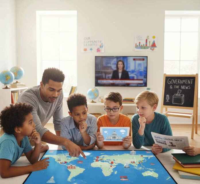 A father and four children are gathered around a large map, engaging in a discussion about government and global leaders. The children are holding different materials, such as tablets and newspapers, while the father points to the map. A TV in the background shows a news broadcast, and a chalkboard nearby reads 