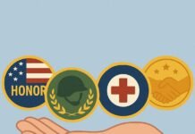 Custom challenge coins symbolizing honor, service, and unity held in an open hand.