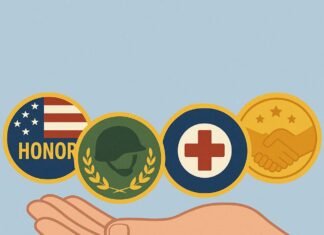 Custom challenge coins symbolizing honor, service, and unity held in an open hand.