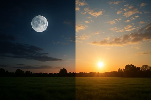 A realistic landscape split between night and day, with the moon illuminating the left side and the sun rising on the right side.