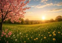 A blooming cherry blossom tree in a sunlit meadow during sunset on the first day of spring.