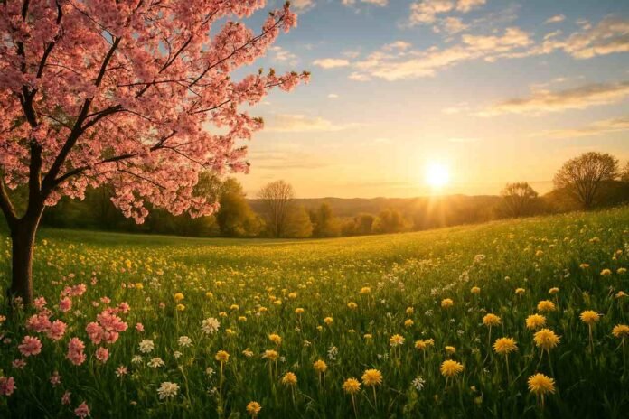 A blooming cherry blossom tree in a sunlit meadow during sunset on the first day of spring.