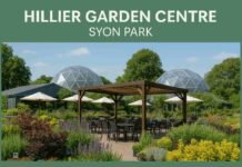 Hillier Garden Centre Syon Park with plants, outdoor seating, and domes.