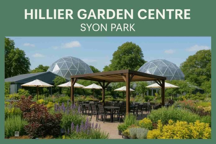 Hillier Garden Centre Syon Park with plants, outdoor seating, and domes.