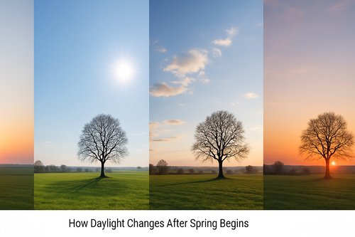 A series of four realistic landscape scenes showing how daylight changes after spring begins, featuring the same lone tree in an open field during sunrise, midday, afternoon, and sunset.