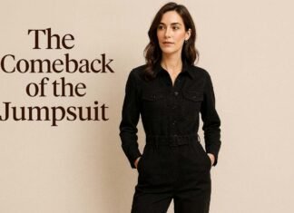 Woman in a black jumpsuit posing against beige background.