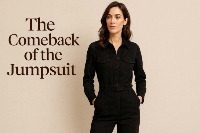 Woman in a black jumpsuit posing against beige background.