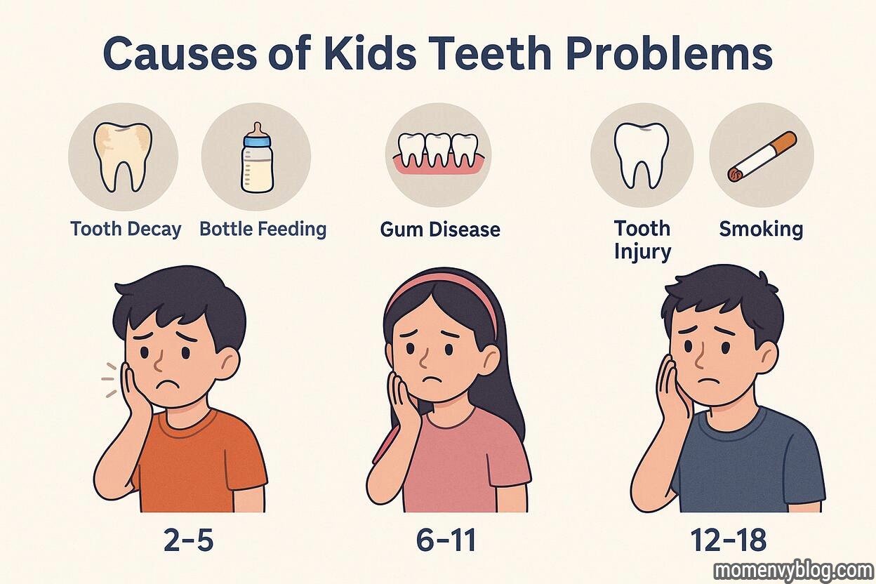 Infographic showing causes of kids’ teeth problems by age group and related symptoms.