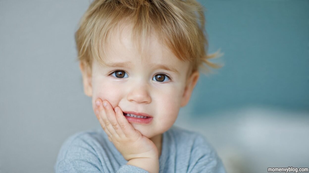A toddler with short, light blonde hair, wearing a gray shirt, holding his cheek with one hand and showing a concerned expression.