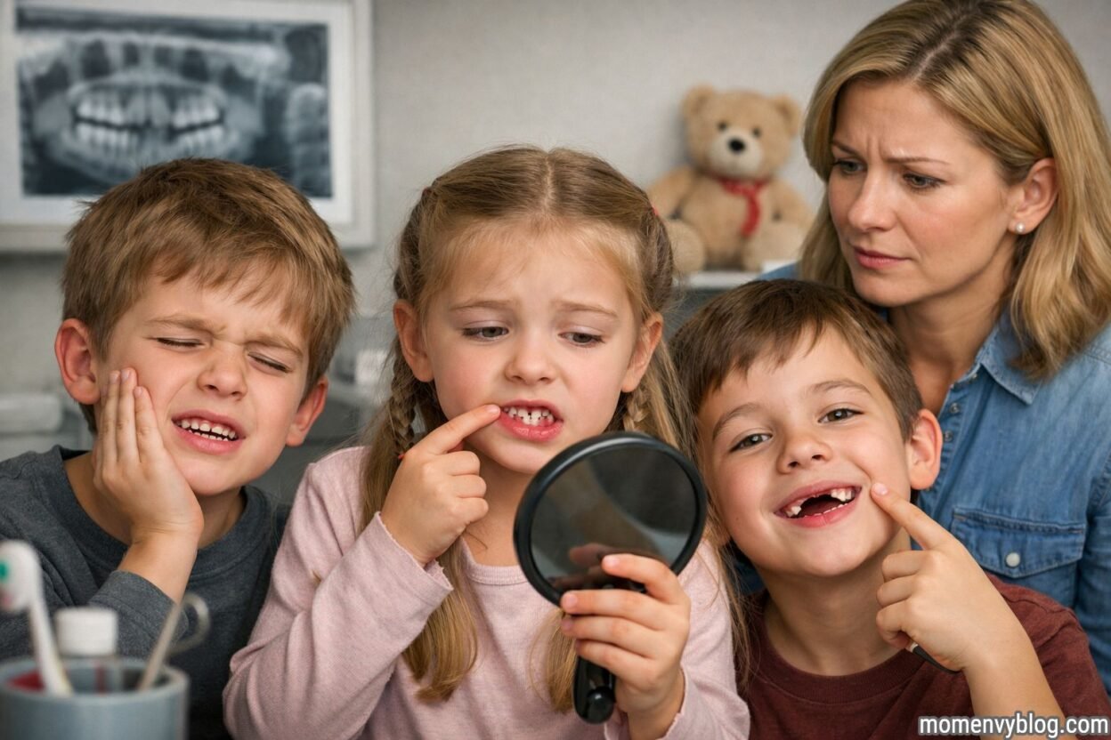 Children showing common dental problems like tooth pain, loose teeth, and cavities while a mother looks concerned