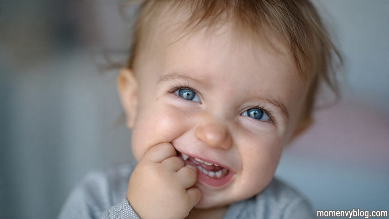 A smiling baby with bright blue eyes chewing on their fingers, showing several erupted baby teeth.