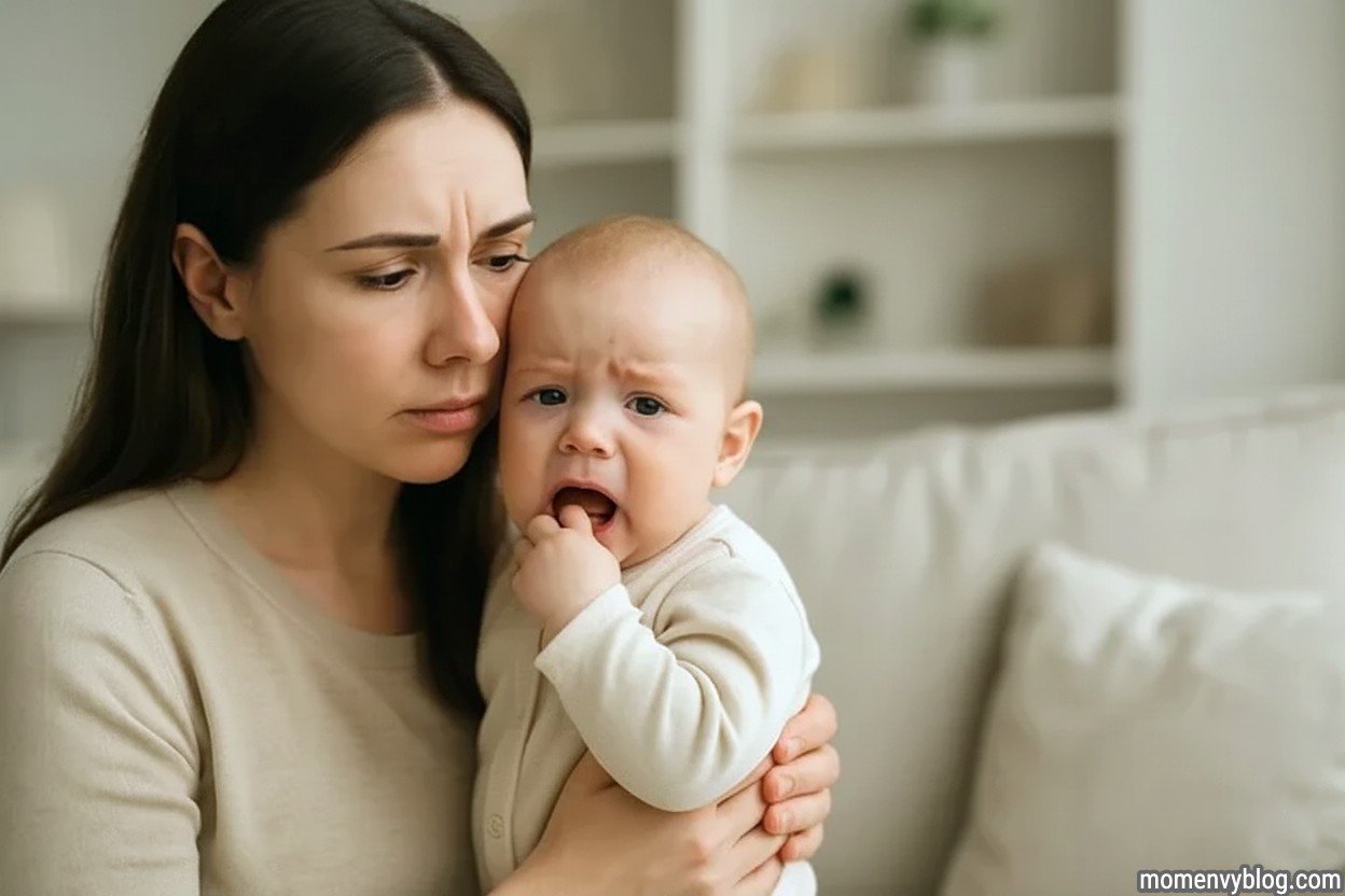 Concerned mother holding a teething baby who appears uncomfortable