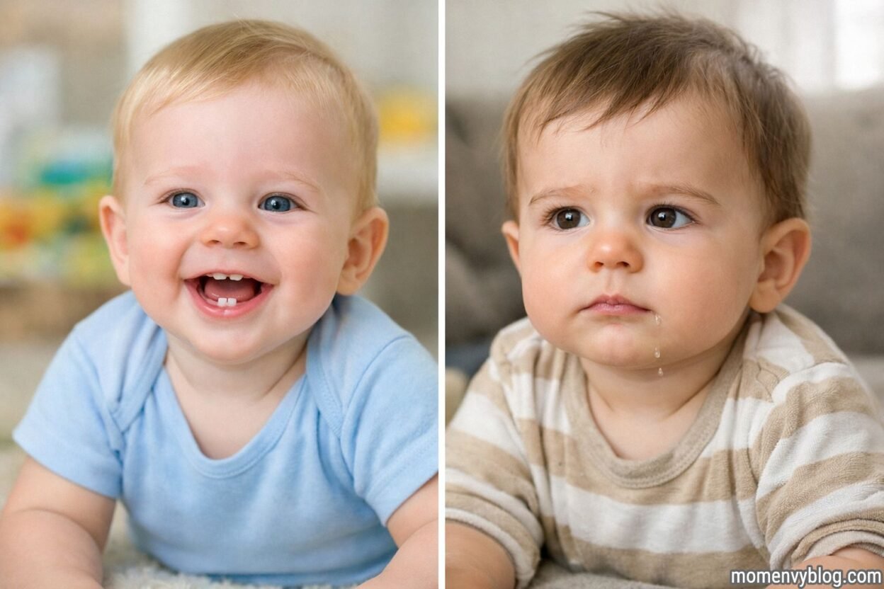 Side-by-side photos of two babies: one smiling with visible baby teeth, and the other drooling with no visible teeth yet, illustrating differences in tooth eruption timing.