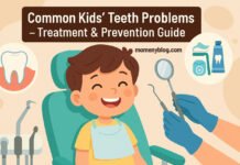 Smiling child at the dentist with dental tools and oral hygiene icons, promoting kids' teeth health.