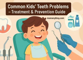 Smiling child at the dentist with dental tools and oral hygiene icons, promoting kids' teeth health.