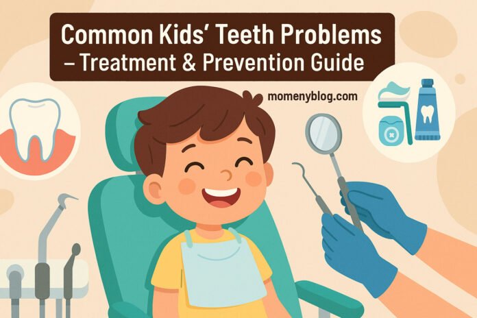 Smiling child at the dentist with dental tools and oral hygiene icons, promoting kids' teeth health.