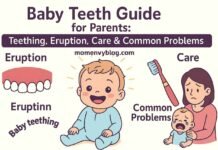 Happy baby teething with oral care illustrations and parent support