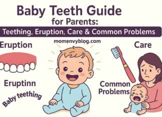 Baby Teeth Guide for Parents: Teething, Eruption, Care & Common Problems Happy baby teething with oral care illustrations and parent support