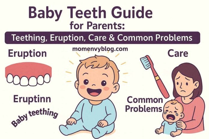 Final featured image Baby Teeth Happy baby teething with oral care illustrations and parent support