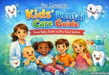 Pediatric dentist with smiling kids and cartoon teeth promoting dental care.