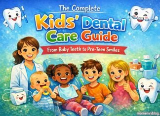 Pediatric dentist with smiling kids and cartoon teeth promoting dental care.