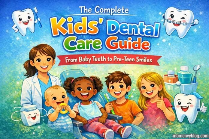 Pediatric dentist with smiling kids and cartoon teeth promoting dental care.