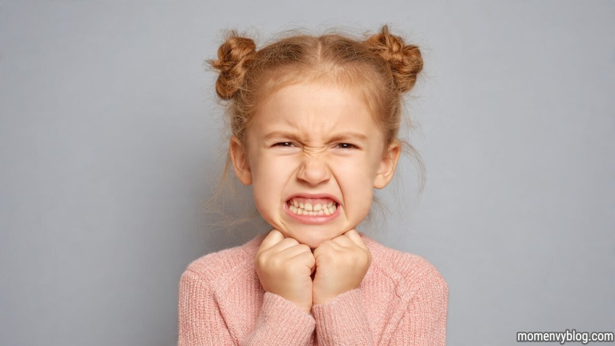 Young girl clenching her teeth and fists, showing frustration or discomfort.