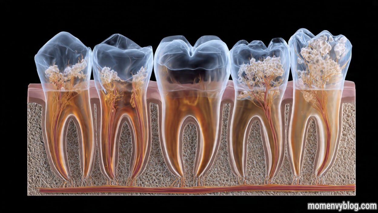 A detailed 3D illustration of developing teeth inside the gums, showing the roots, nerves, and surrounding bone structure against a black background.