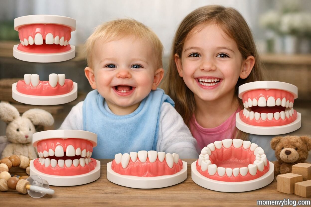 A smiling baby and a young girl sitting at a table with multiple dental models showing baby and adult teeth eruption and development stages, with toys in the background.