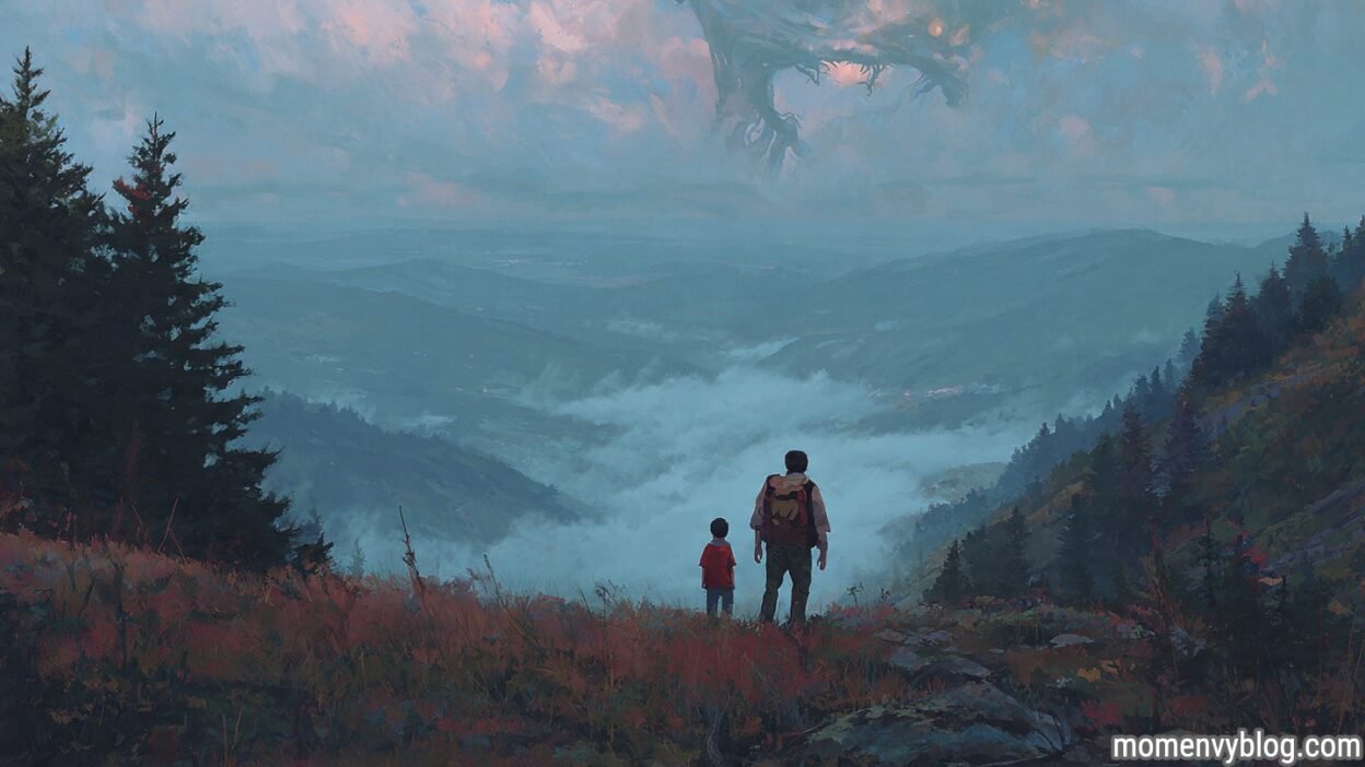 Adult and child overlooking misty mountains with a dragon-like creature forming in the clouds above.