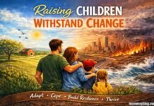 Family watching a changing landscape symbolizing adaptability and resilience.