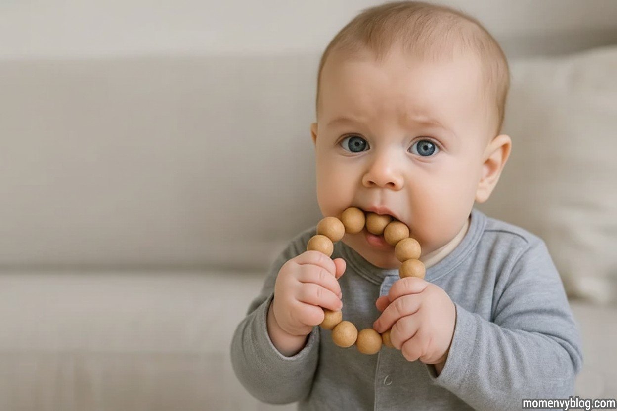 A baby holding a wooden teething ring in their mouth, looking curious and focused.