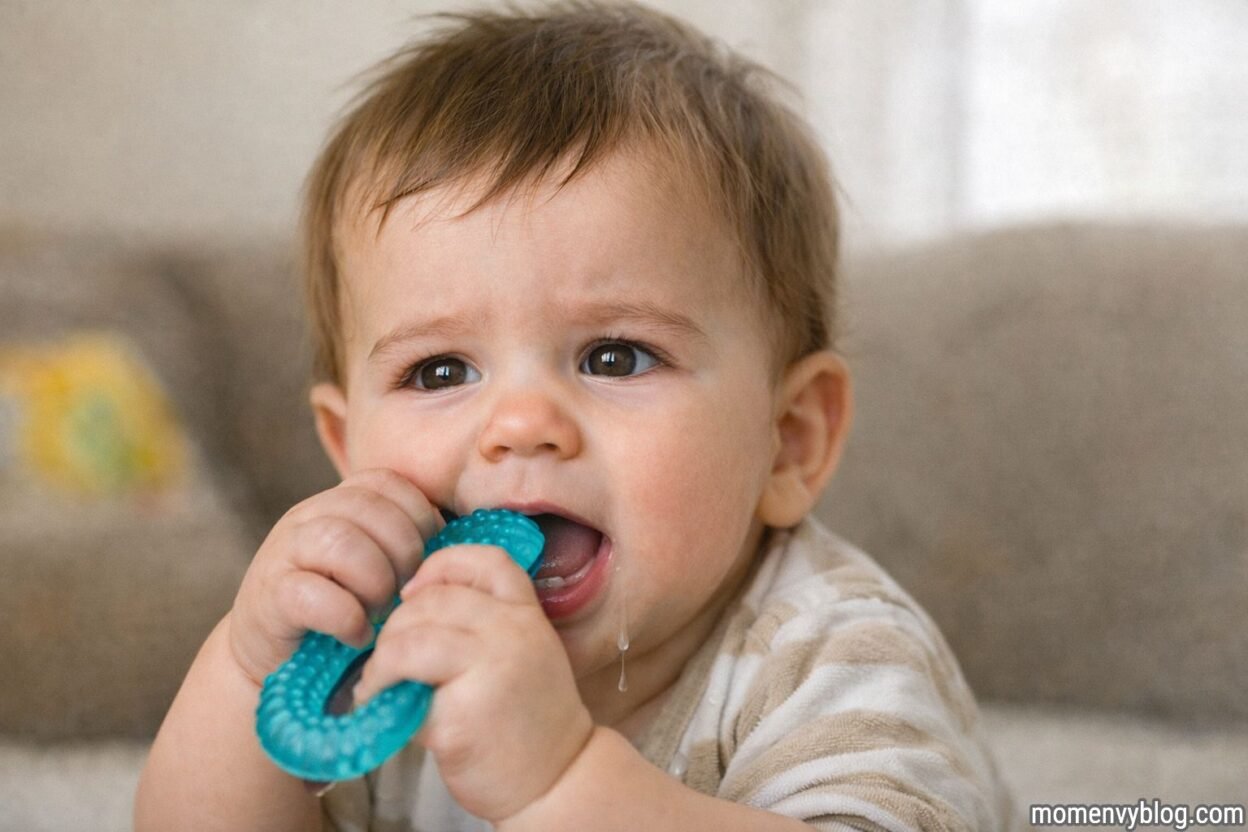 A baby chewing on a blue teething toy while drooling, showing a common sign of teething discomfort.