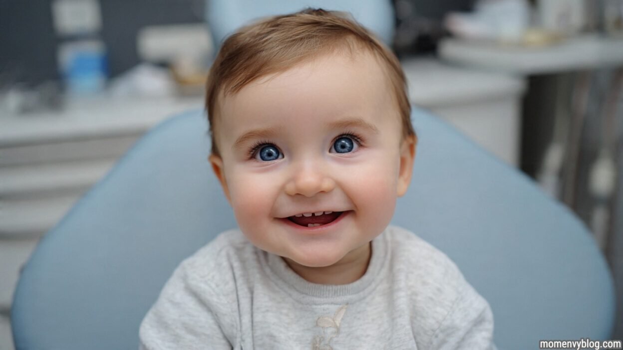 A smiling baby with blue eyes sitting in a dental chair, wearing a light gray sweater. The baby appears happy and relaxed in the dental office environment.