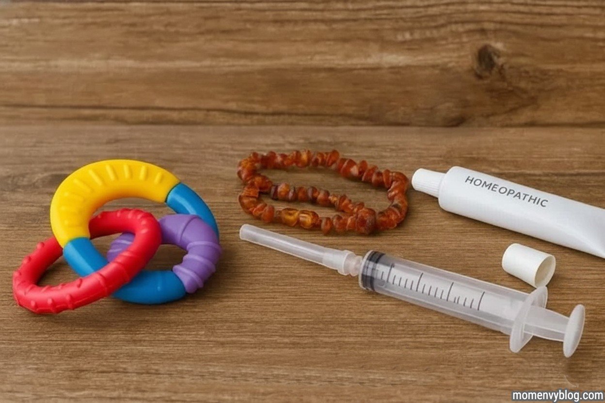 Image showing various teething remedies to avoid, including a colorful plastic teething ring, amber necklace, syringe with pink liquid, and homeopathic gel tube on a wooden surface.