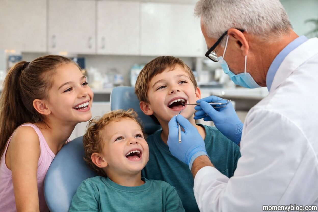 Pediatric dentist examining children’s teeth during a first dental visit and regular checkup