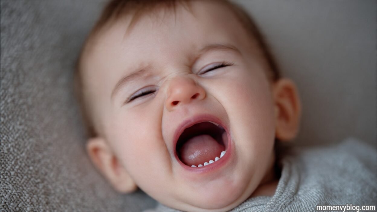Crying baby with mouth open showing newly erupted baby teeth.