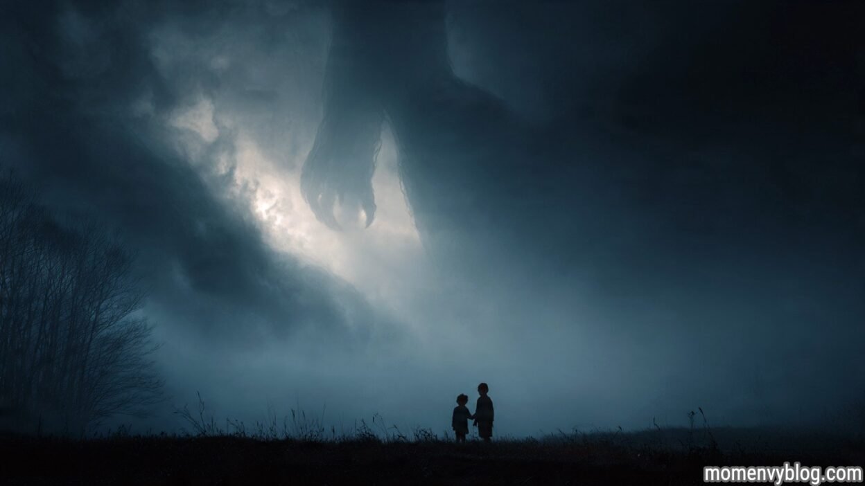 Two children holding hands in a foggy field as a giant, shadowy clawed creature looms above in the misty sky.