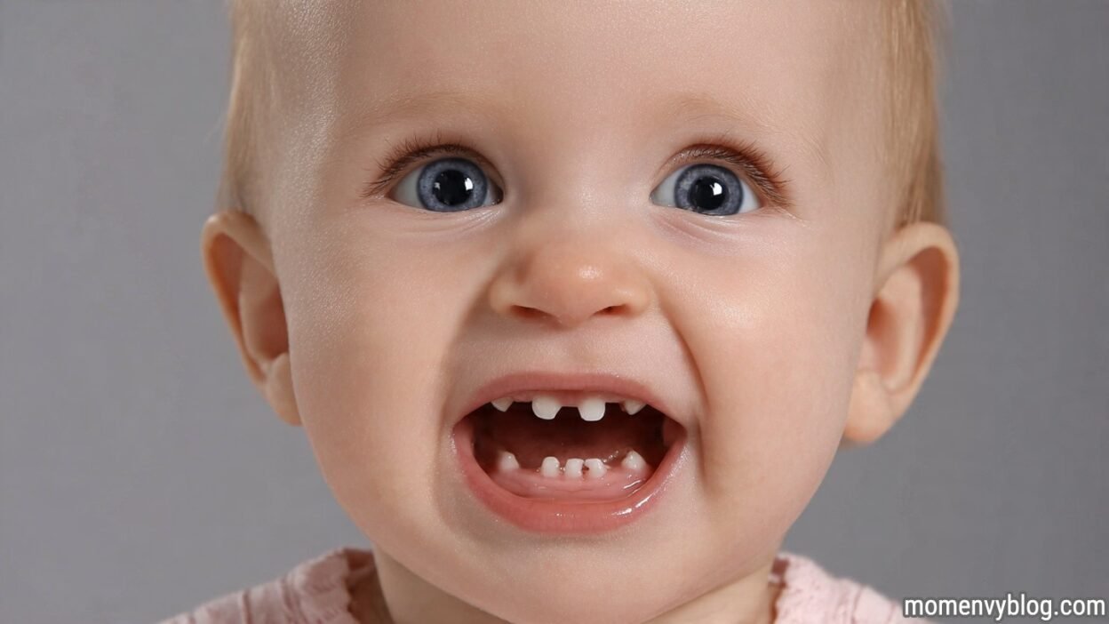A close-up photo of a smiling baby showing several newly erupted baby teeth, with bright blue eyes and a happy expression on a neutral grey background.