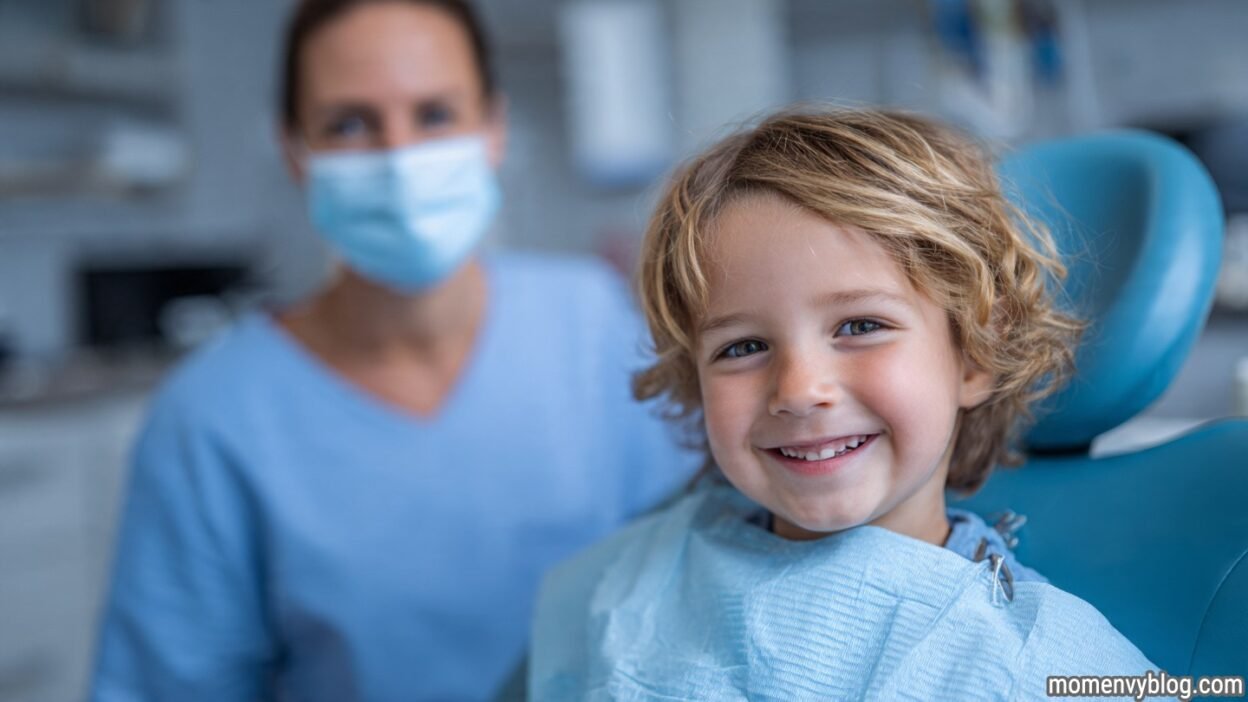 Smiling young child sitting in a dental chair with a dentist in the background.