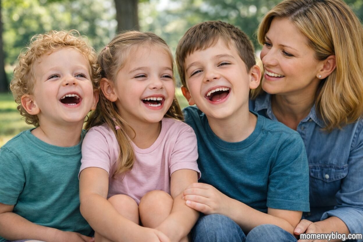 Smiling mother with three happy children outdoors, showing healthy smiles and strong family bonding that reflects the importance of kids’ dental care for overall well-being.