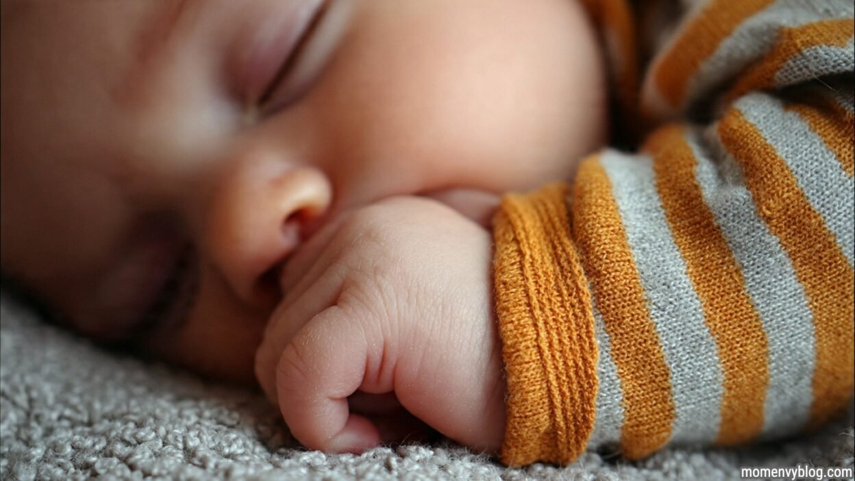 A close-up of a sleeping baby’s hand sucking their thumb, wearing a striped shirt with yellow and gray colors.