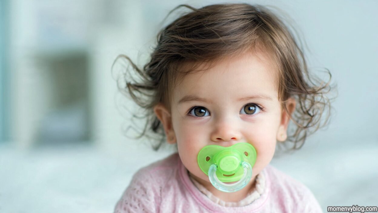 A baby with curly brown hair, wearing a light pink shirt, holding a green pacifier, looking at the camera with big brown eyes.