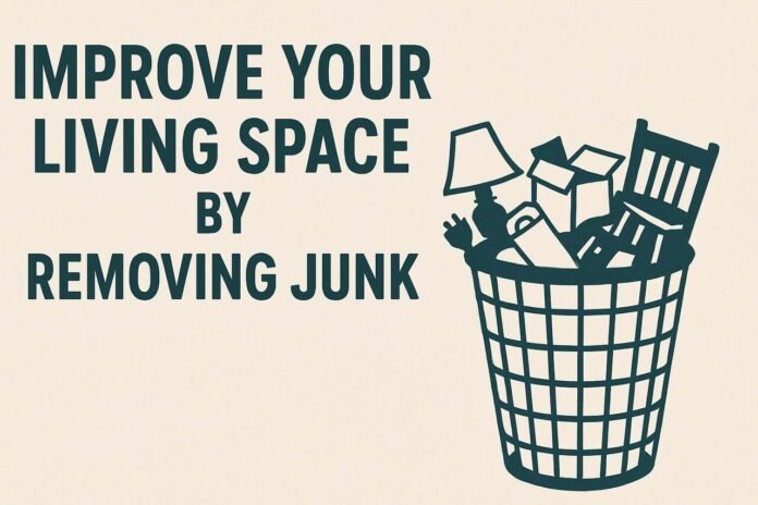 Decluttering illustration with junk in a trash bin.