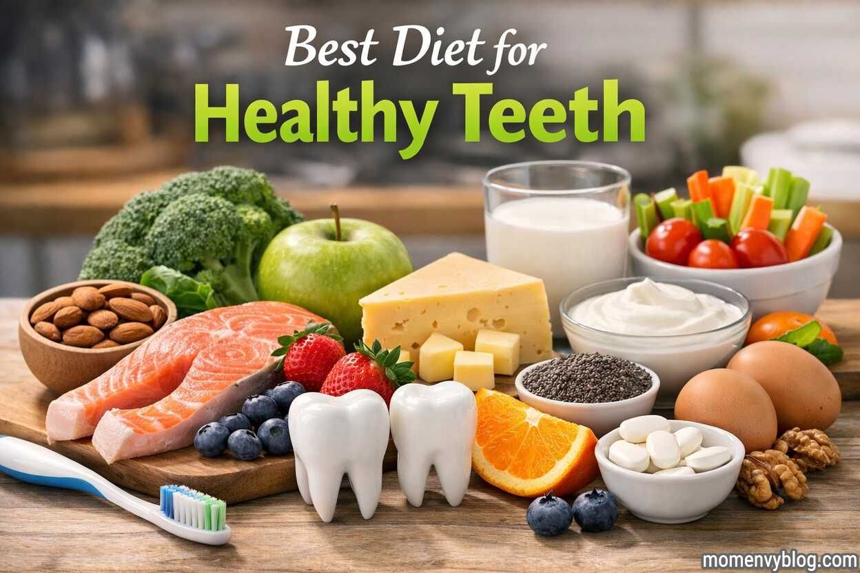 Best Diet for Healthy Teeth showing tooth-friendly foods like salmon, cheese, milk, yogurt, apples, berries, broccoli, nuts, and eggs arranged on a wooden table with tooth models and a toothbrush in the foreground.