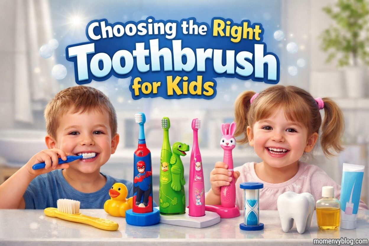 Two smiling young children holding colorful kids toothbrushes on a bathroom counter, with the title “Choosing the Right Toothbrush for Kids” displayed above in a bright, playful design.