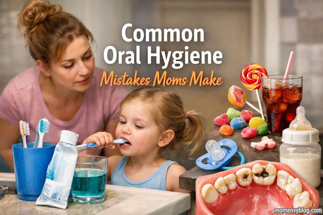 Mother helping her young child brush teeth while sugary snacks, baby bottle, pacifier, and a decayed tooth model highlight common oral hygiene mistakes moms make.