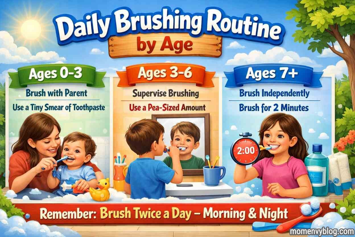 Daily brushing routine by age showing toddlers brushing with parents, young children brushing under supervision, and older kids brushing independently for two minutes.