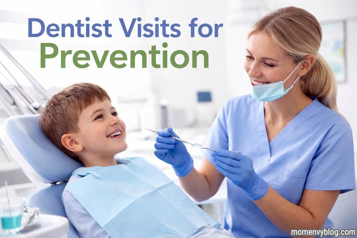 Dentist examining a smiling young child during a preventive dental visit in a modern dental clinic