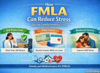 How FMLA Can Reduce Stress During Family Health Crises Infographic showing FMLA benefits like job security, paid leave, and reduced stress.